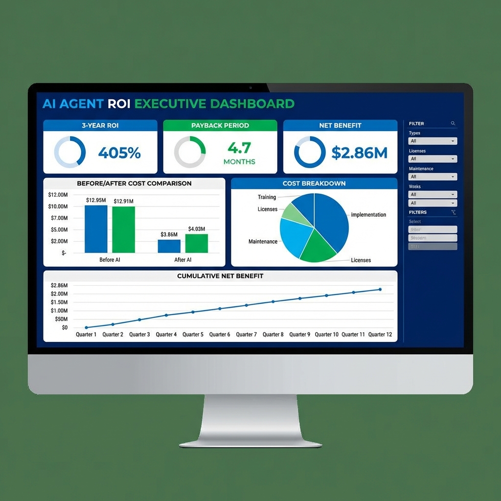 AI Agent ROI Executive Dashboard showing 405% 3-year ROI and financial metrics