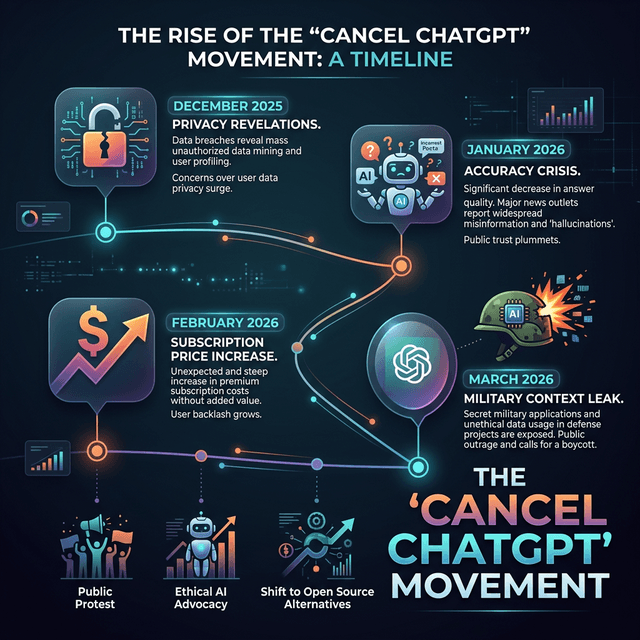 Cancel ChatGPT movement timeline December 2025 to March 2026 showing events that drove users to Claude