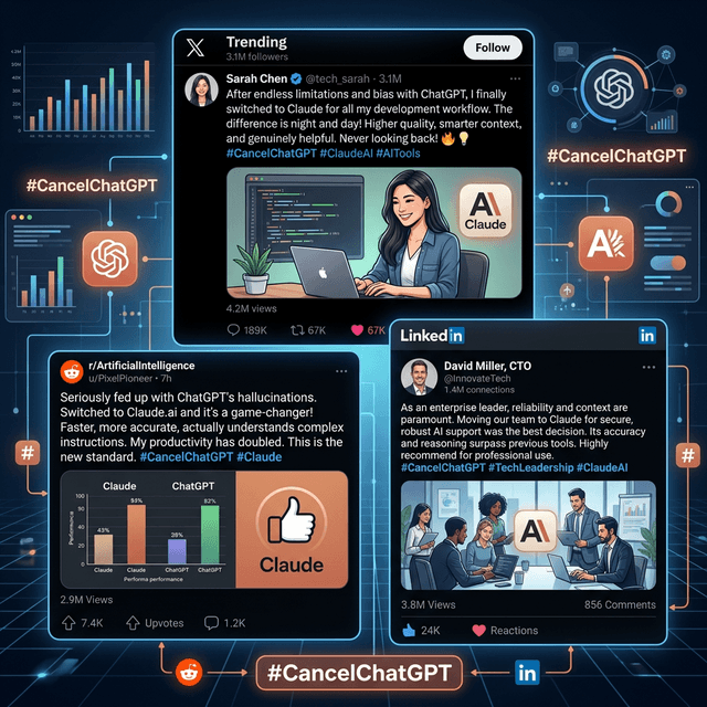 Cancel ChatGPT social media movement viral posts showing millions switching to Claude Anthropic AI assistant