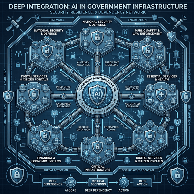 Complex network diagram symbolizing 'Deep Integration' of AI into government infrastructure