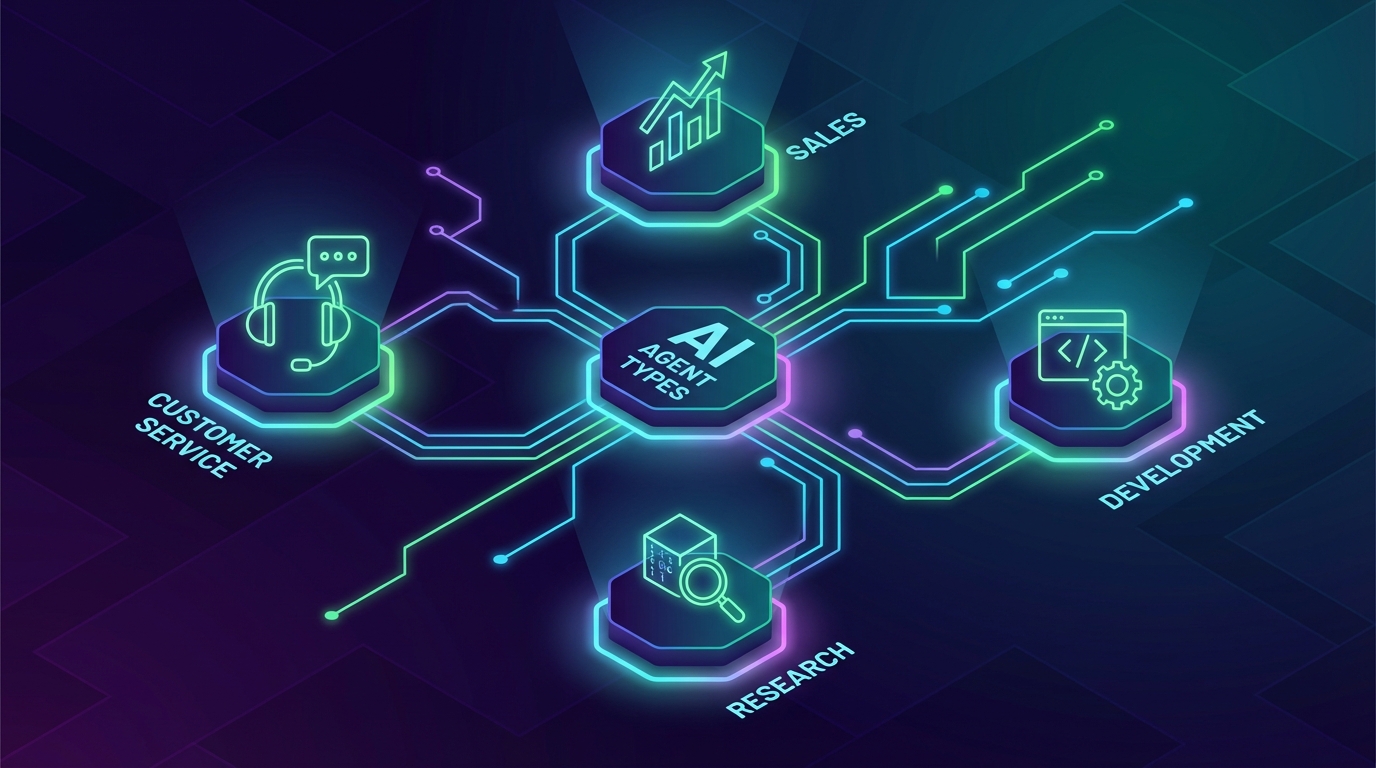 Infographic showing 5 types of AI Agents: Customer Service, Sales, Development, Research, Operations