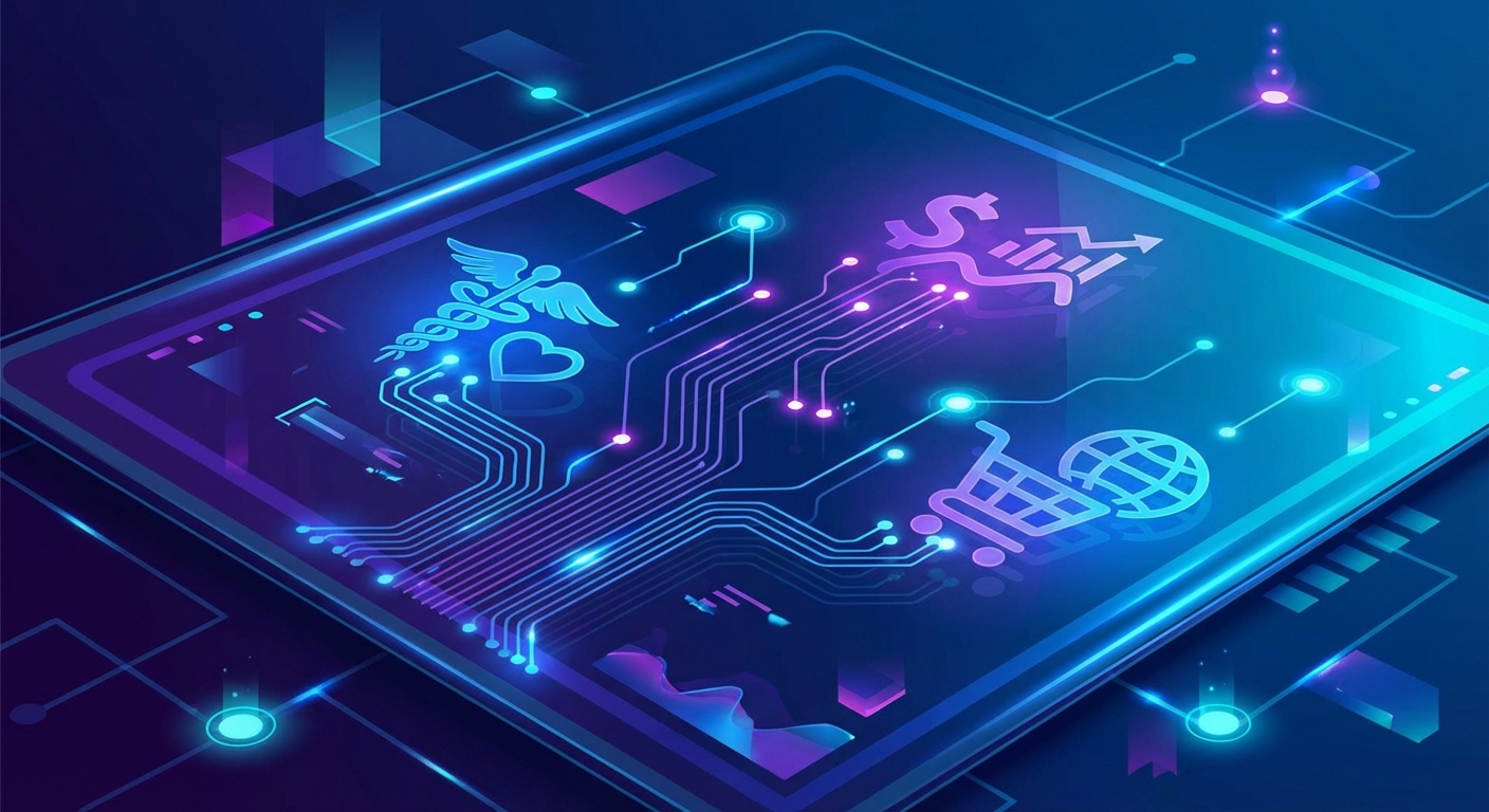 Abstract digital art representing AI agents in healthcare, finance, and e-commerce