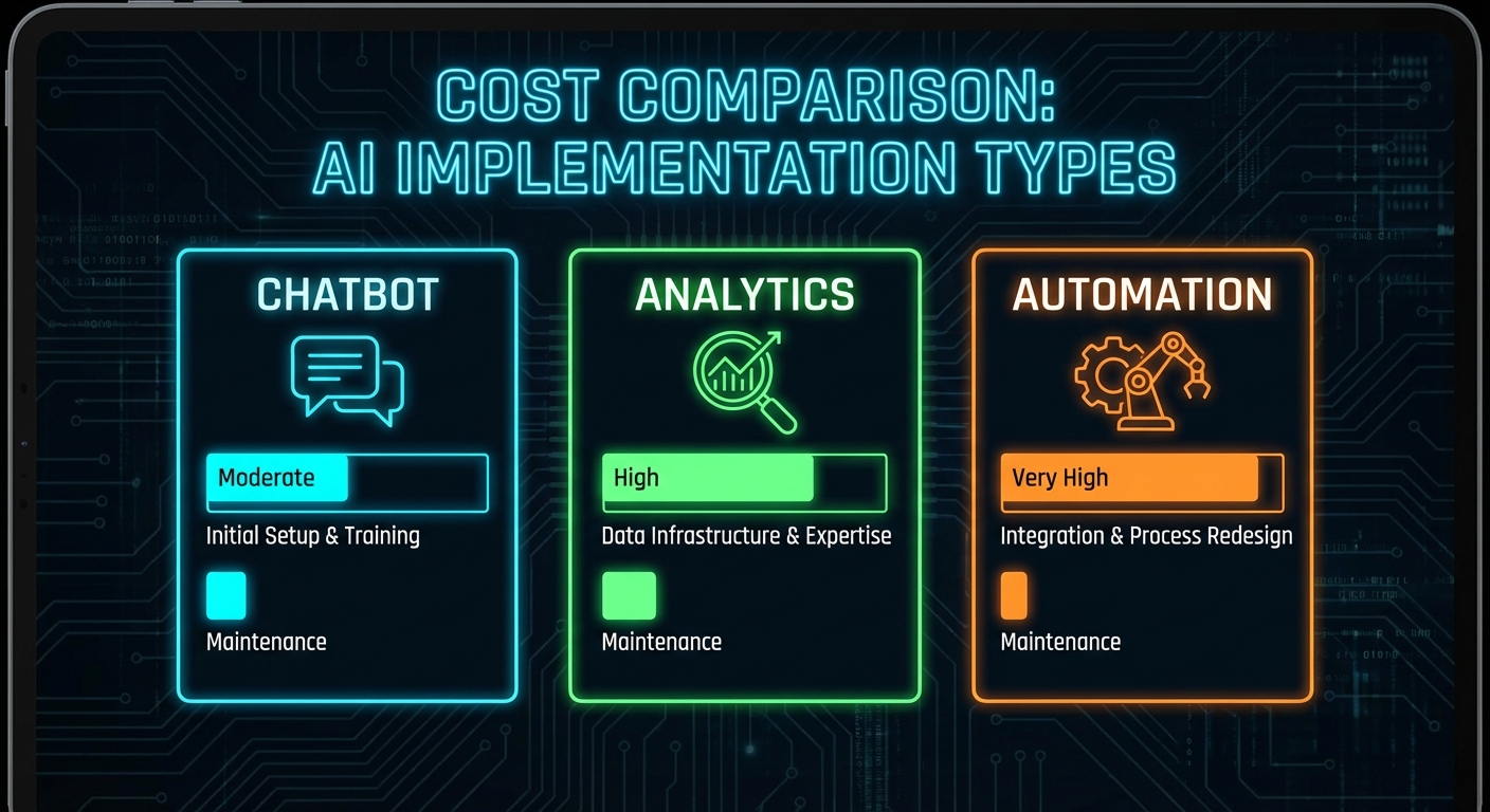 Infographic comparing costs of AI implementation types: Chatbot, Analytics, Automation