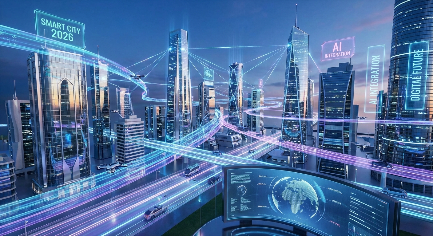 Futuristic cityscape with AI data streams connecting buildings