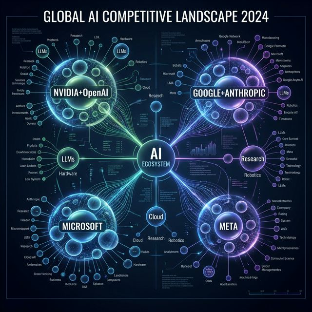 AI competitive landscape map showing Nvidia OpenAI partnership versus Google Microsoft Meta Amazon vertical integration