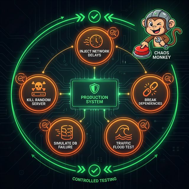 Chaos engineering diagram showing controlled system testing with random failures network delays database simulation and monitoring