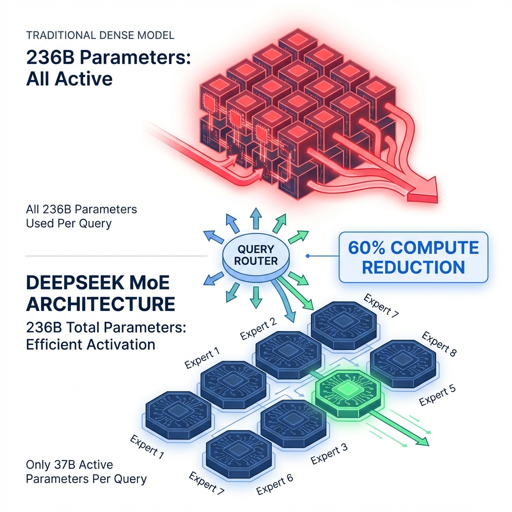 DeepSeek Mixture-of-Experts Architecture showing 60% compute reduction vs traditional dense models