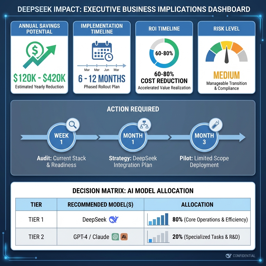 DeepSeek Impact Executive Business Implications Dashboard showing savings, timeline, ROI, and decision matrix