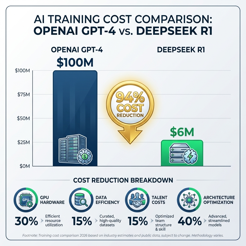 AI Training Cost Comparison: OpenAI GPT-4 $100M vs DeepSeek R1 $6M showing 94% cost reduction