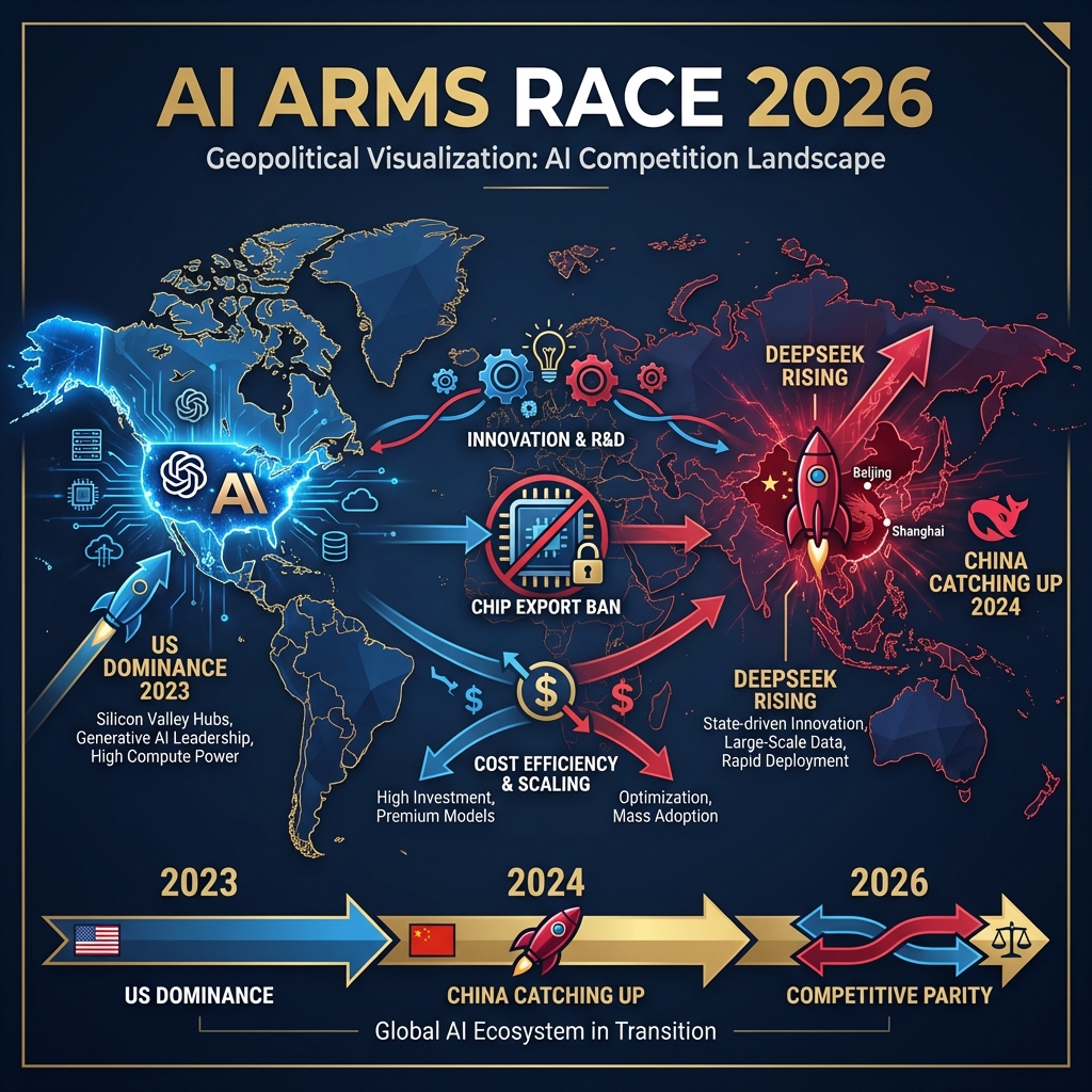 AI Arms Race 2026: Geopolitical visualization of US vs China AI competition landscape