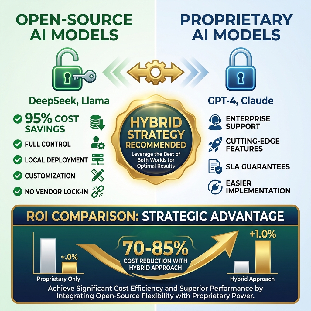 Open-Source vs Proprietary AI Models comparison: DeepSeek/Llama vs GPT-4/Claude with Hybrid Strategy recommended