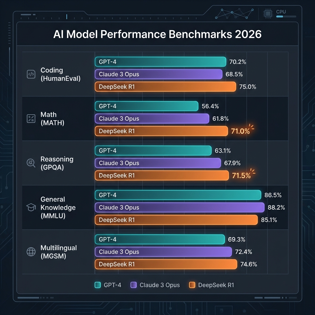 AI Model Performance Benchmarks 2026: GPT-4 vs Claude 3 Opus vs DeepSeek R1 across 5 categories