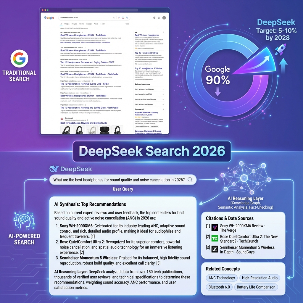 DeepSeek AI Search Engine 2026: Traditional Google search vs AI-powered search comparison