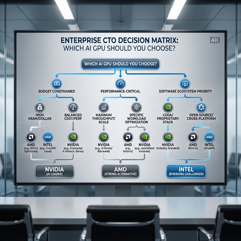 AI GPU selection decision matrix for businesses 2026 Nvidia vs AMD vs Intel