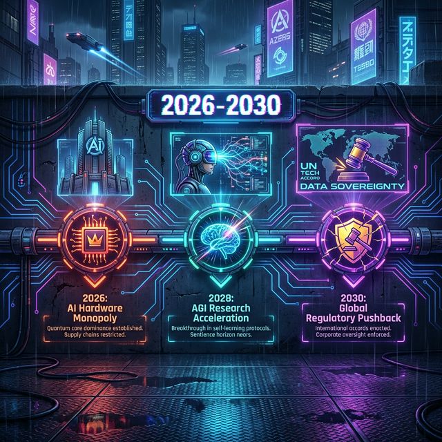 Future predictions timeline 2026-2030 showing AI Hardware Monopoly AGI Research Acceleration Global Regulatory Pushback