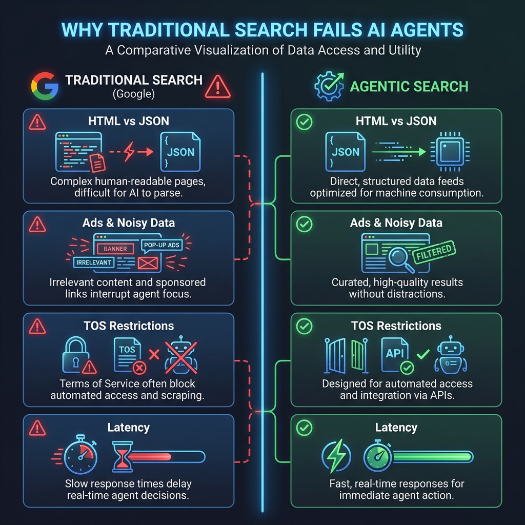 Visualization showing why traditional search fails for AI agents