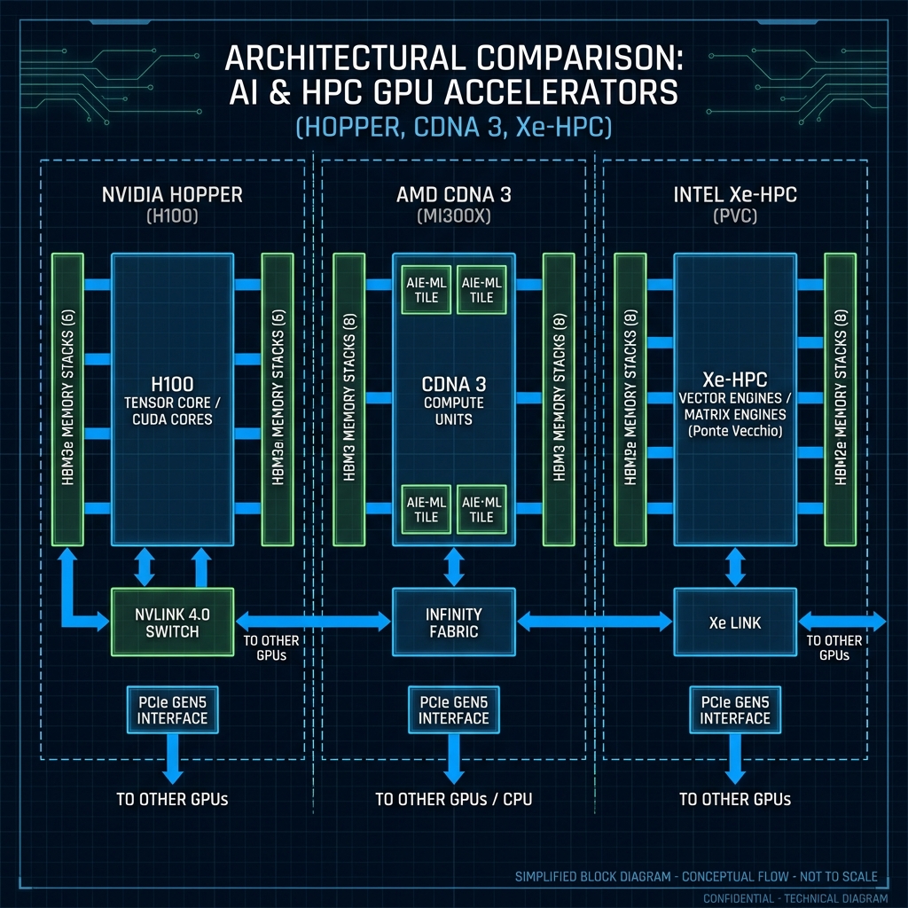 GPU architecture comparison diagram showing Nvidia AMD and Intel chip designs for AI