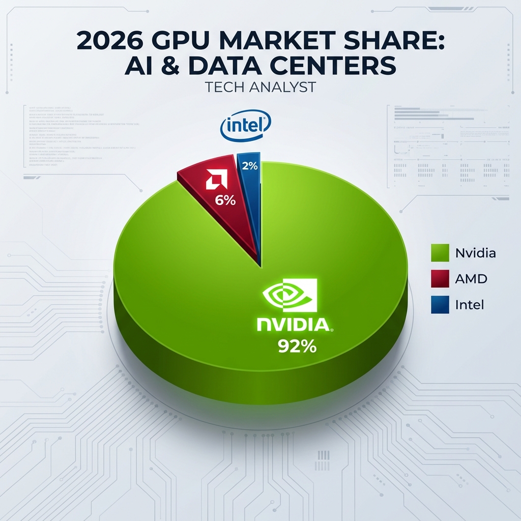 GPU market share 2026 showing Nvidia's 92 percent dominance in AI and data center chips