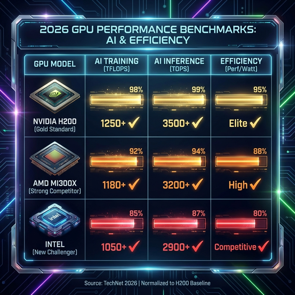 GPU comparison table 2026 Nvidia vs AMD vs Intel for AI and data center workloads