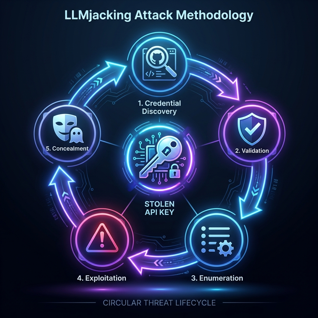LLMjacking Attack Methodology: 5-step circular attack flow diagram