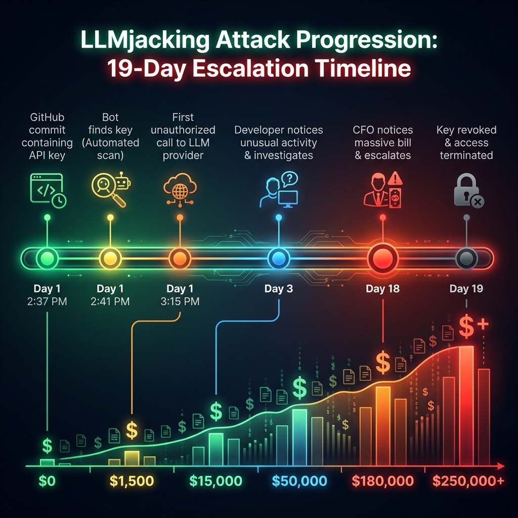 LLMjacking Attack Timeline: 19-day progression from GitHub commit to $250,000+ in unauthorized charges
