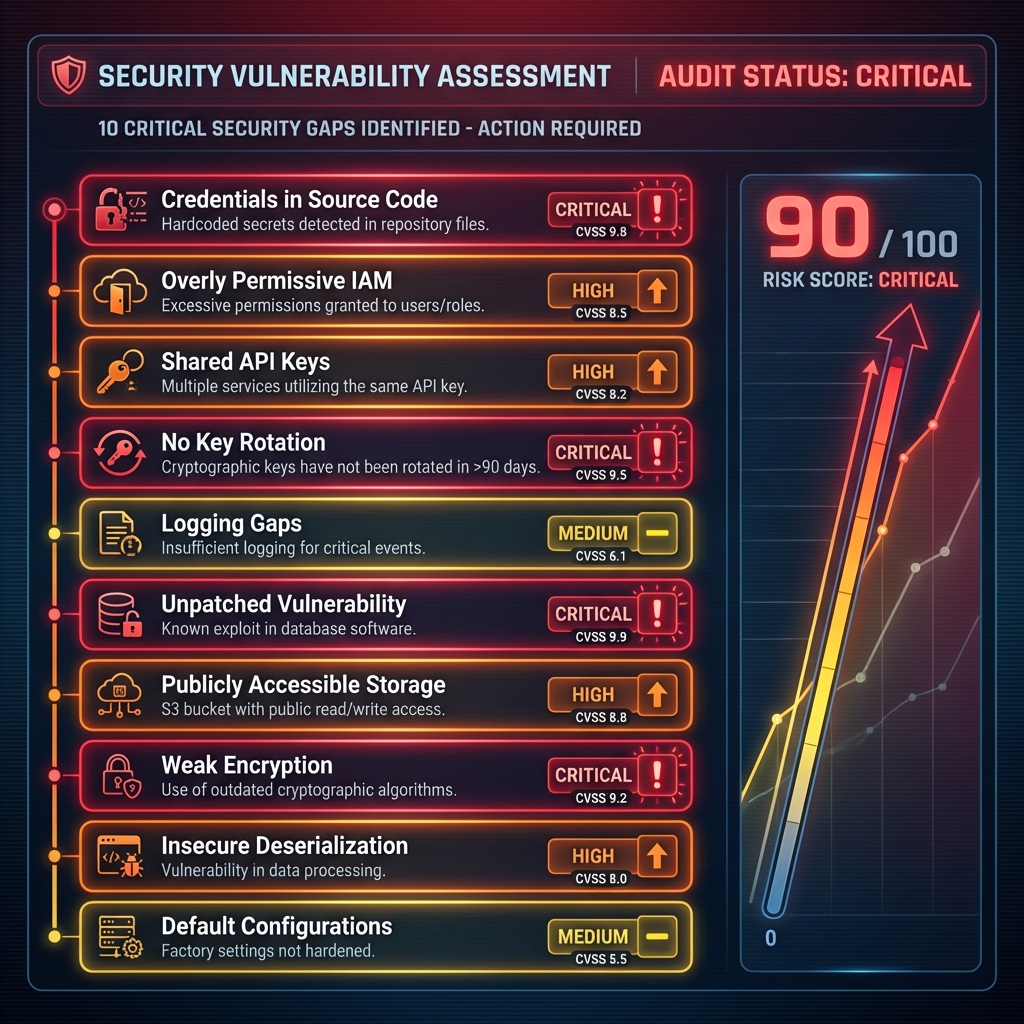 Security Vulnerability Assessment: 10 critical security gaps with risk scoring