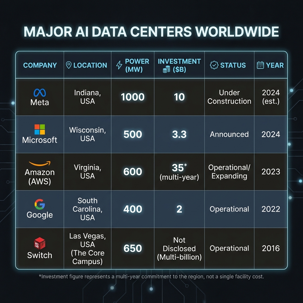 Summary comparison table major AI data centers worldwide Meta Microsoft Google Amazon capacity