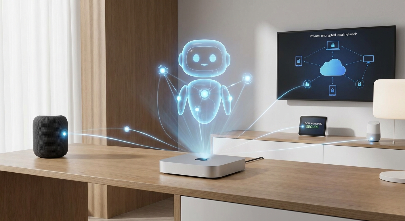 A sleek Mac Mini on a desk with a holographic AI assistant projection