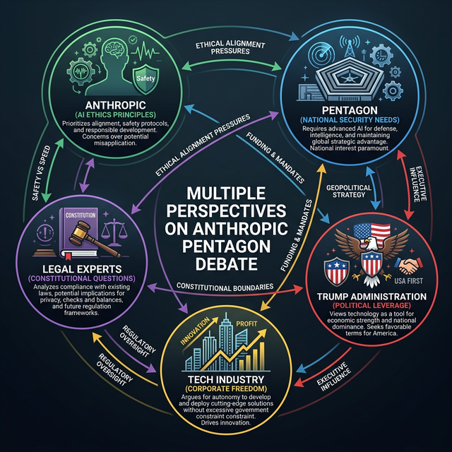 Multiple perspectives diagram showing Pentagon Anthropic Trump administration tech industry legal experts viewpoints on military AI debate