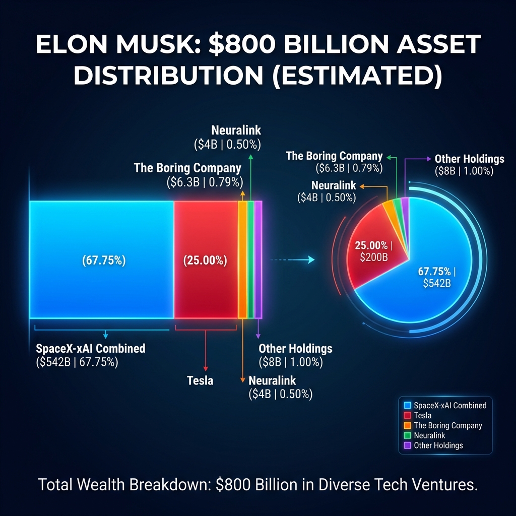 Elon Musk $800 Billion Wealth Breakdown - Asset Distribution Across SpaceX, xAI, Tesla, and Other Companies