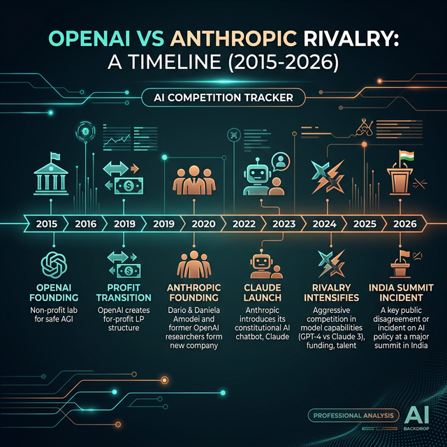 OpenAI versus Anthropic rivalry timeline infographic from 2015 founding to 2026 India AI Summit incident