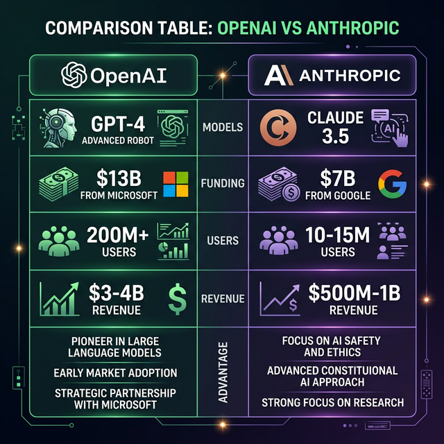 OpenAI versus Anthropic comparison chart showing ChatGPT Claude funding models capabilities revenue competition 2026