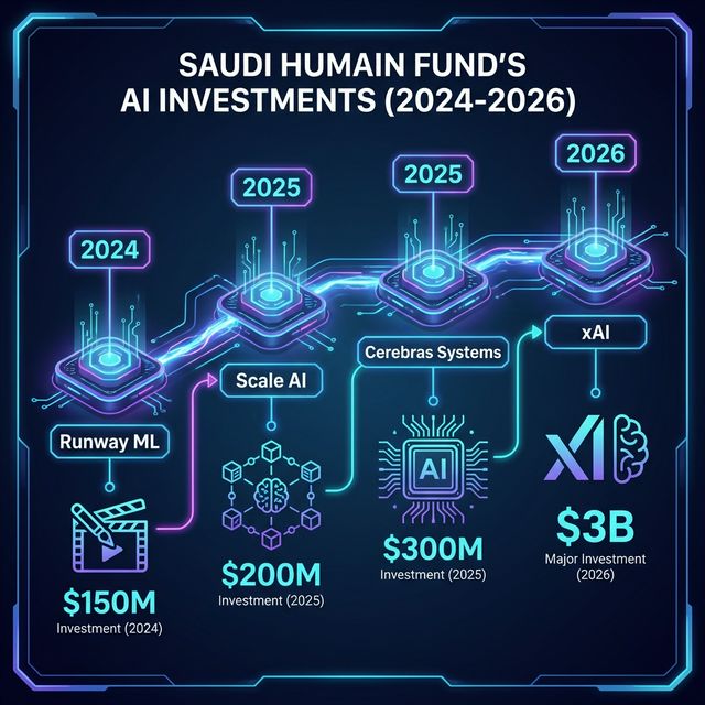 Saudi Humain fund AI investment timeline 2024 to 2026 showing Runway Scale AI Cerebras xAI investments