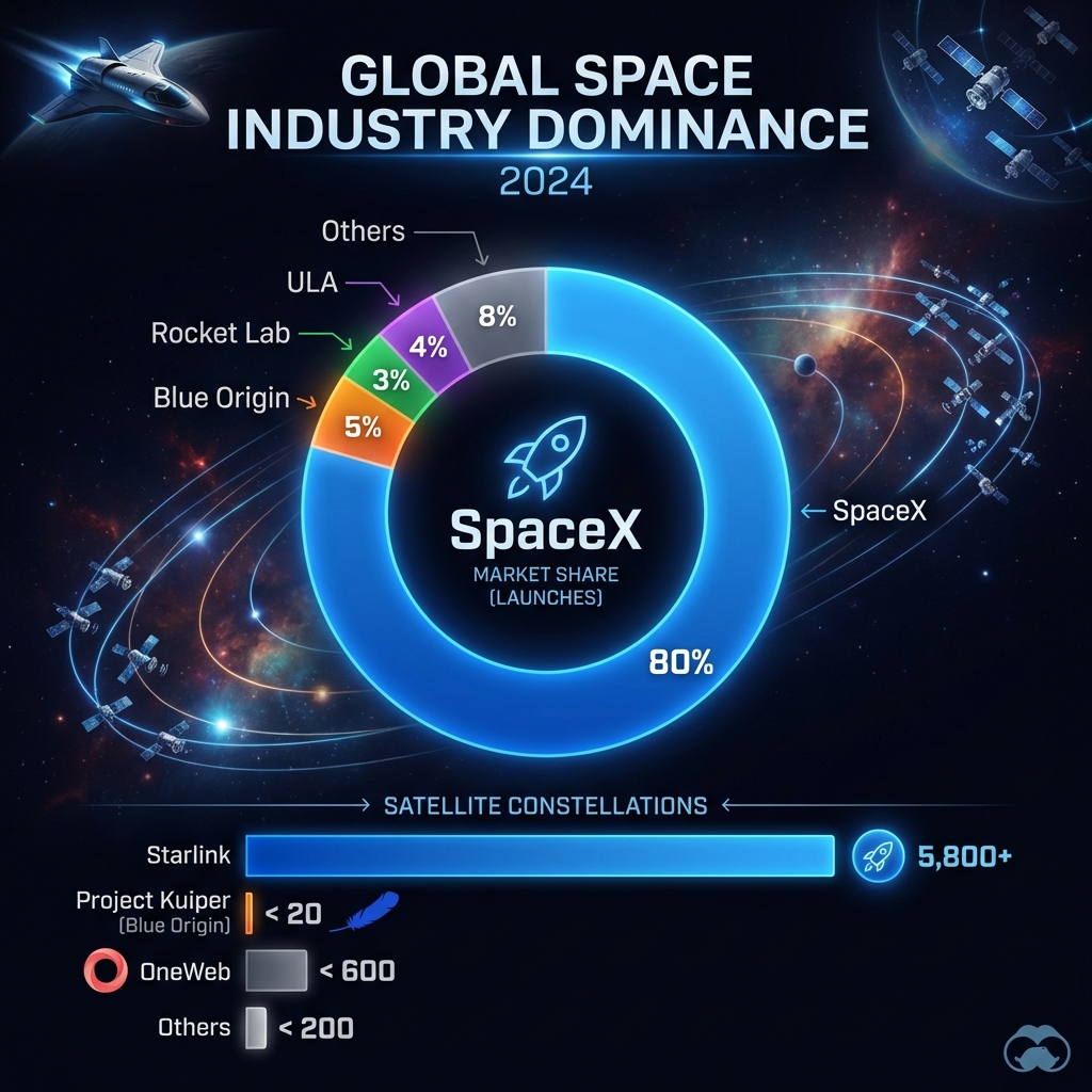 Space Industry Market Share 2026 - SpaceX 80% Dominance, Starlink 5,800+ Satellites vs Competitors
