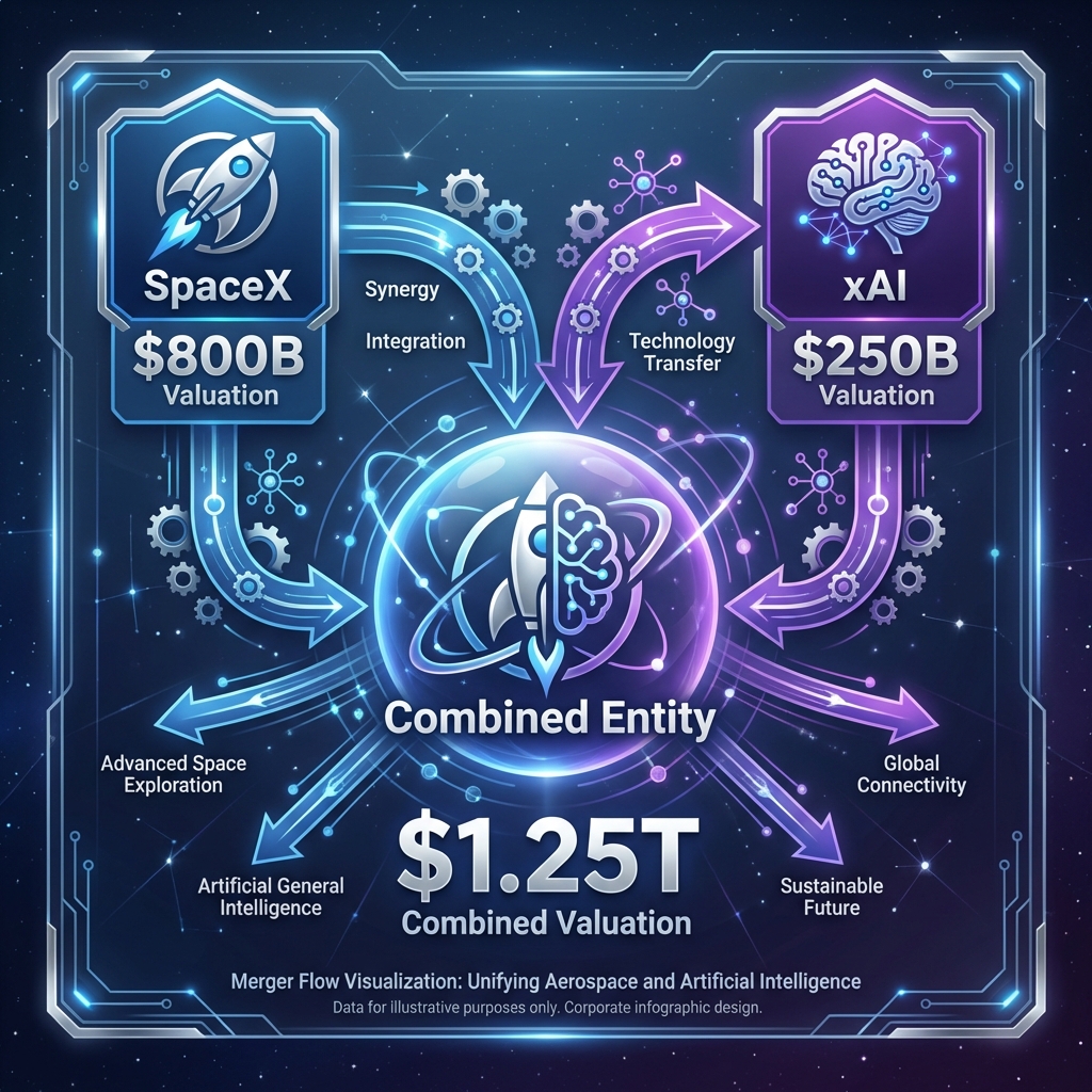 SpaceX and xAI Merger Diagram - $800B + $250B = $1.25T Combined Valuation with Synergy Integration