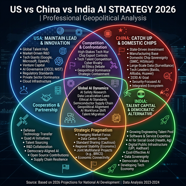 US versus China versus India AI strategy comparison Venn diagram geopolitical analysis 2026