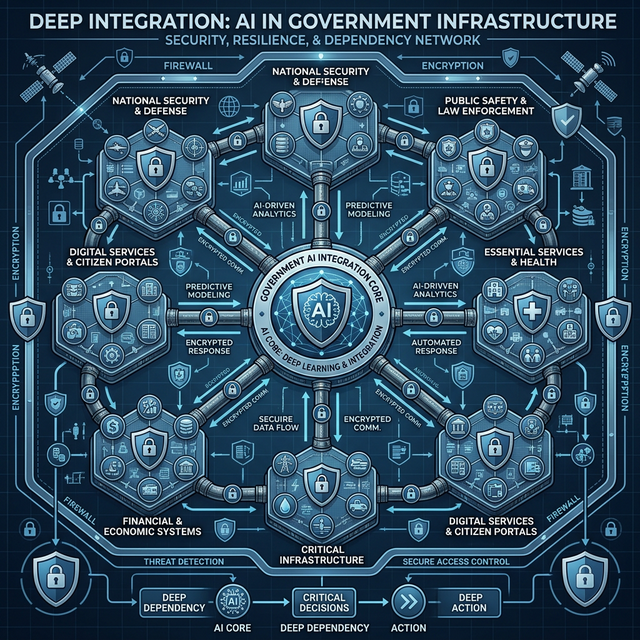 Complex network diagram symbolizing 'Deep Integration' of AI into government infrastructure